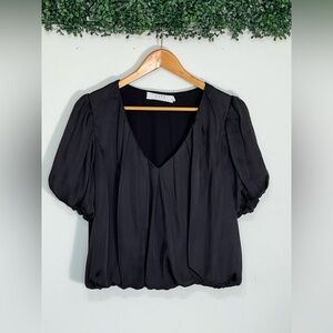 ASTR the label black satin bubble hem puff sleeve crop top blouse pleated M